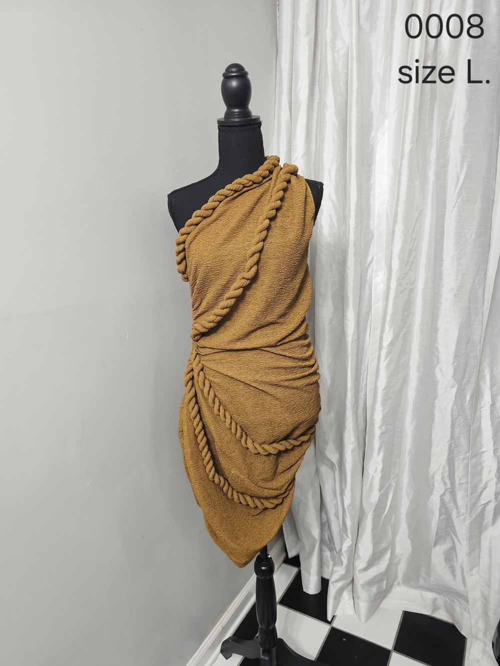 One-Shoulder Brown Ruched Rope-Trim Mini Dress - Picture 2 of 3